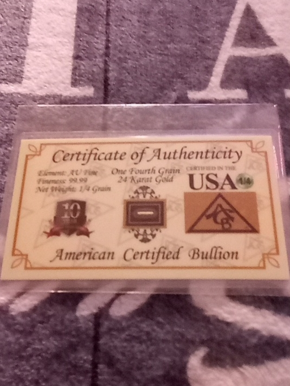 Certificate of Authenticity Card - Cream and Gold
